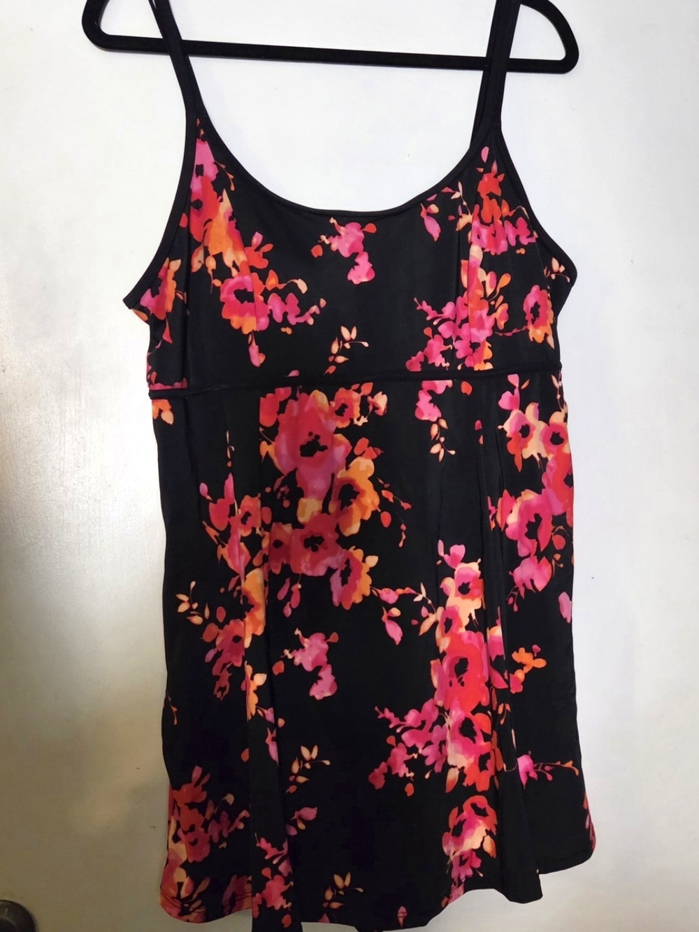 Beach Belle Black Floral Swim Dress with Pink & Orange Blooms One Piece